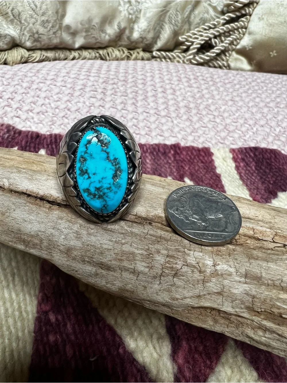 VTG Navajo Sterling Silver Turquoise Leaf Ring 10.5 Signed CY 25g